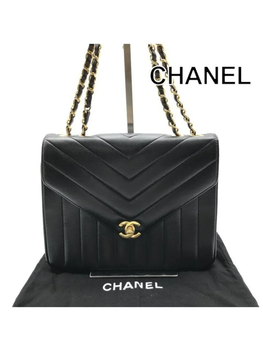 Chanel CC Logo Turnlock Chez Blanc Stitch Leather Chain Shoulder Bag Black
